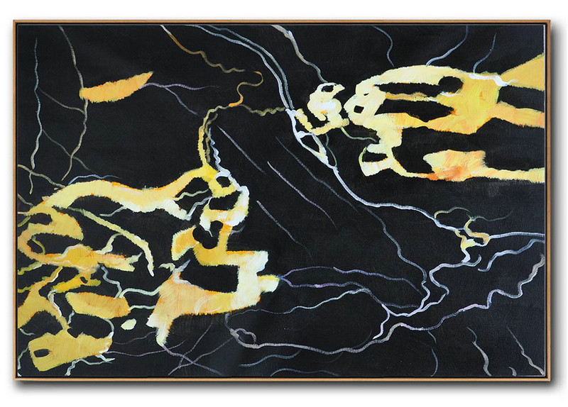 Hand Painted Oversized Horizontal Abstract Marble Art On Canvas,Huge Abstract Canvas Art,Earthy Yellow ,Black,White